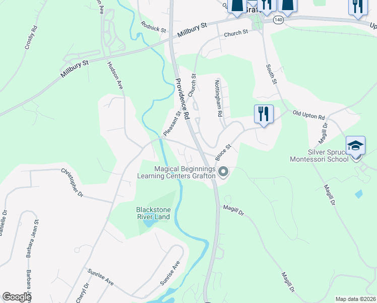 map of restaurants, bars, coffee shops, grocery stores, and more near 11 Pullard Road in Grafton