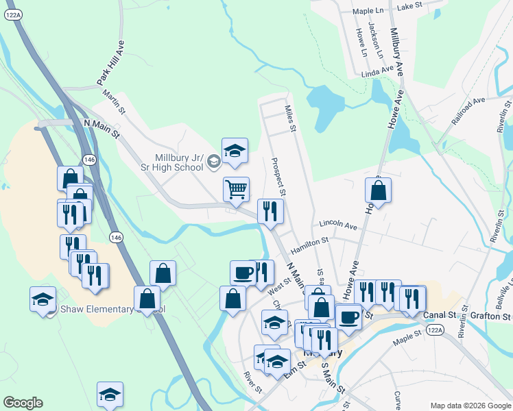 map of restaurants, bars, coffee shops, grocery stores, and more near 3 Orchard Street in Millbury