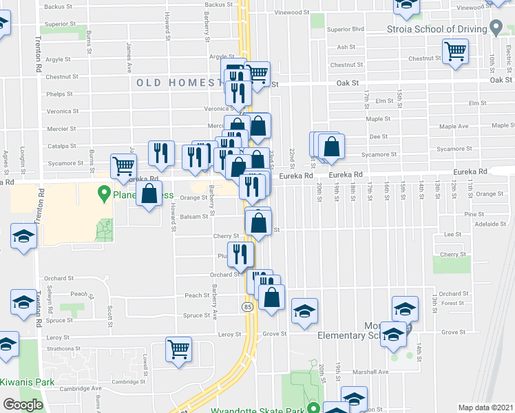 map of restaurants, bars, coffee shops, grocery stores, and more near 3395 Fort Street in Wyandotte