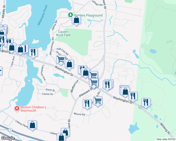 map of restaurants, bars, coffee shops, grocery stores, and more near 123 Mutton Lane in Weymouth