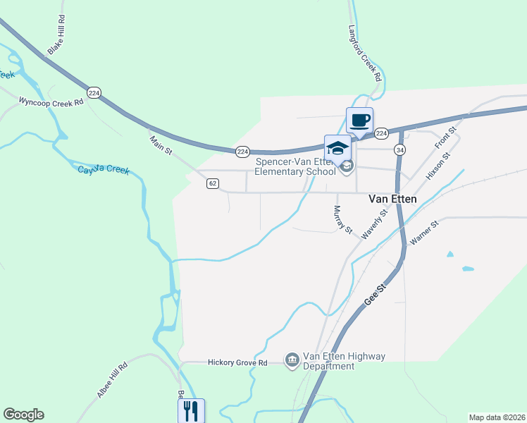 map of restaurants, bars, coffee shops, grocery stores, and more near 2-14 John St in Van Etten