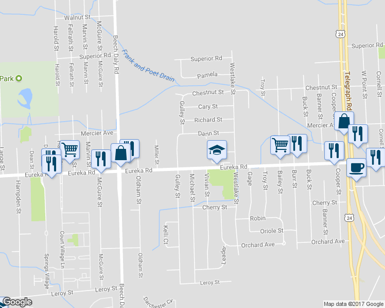 map of restaurants, bars, coffee shops, grocery stores, and more near 25250 Eureka Road in Taylor
