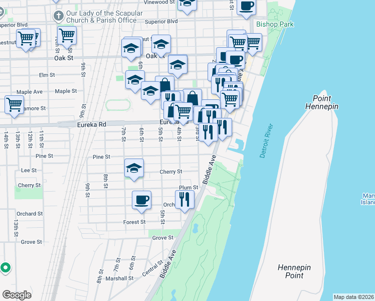 map of restaurants, bars, coffee shops, grocery stores, and more near 342 Pine Street in Wyandotte