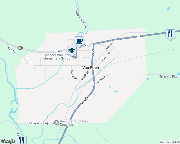 map of restaurants, bars, coffee shops, grocery stores, and more near 5 Waverly Street in Van Etten
