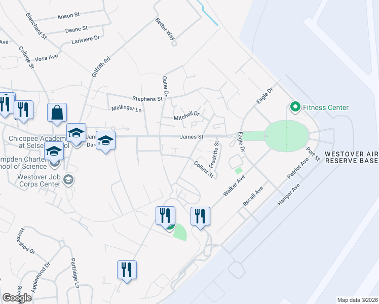 map of restaurants, bars, coffee shops, grocery stores, and more near 114 Andersen Road in Chicopee