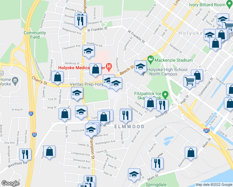 map of restaurants, bars, coffee shops, grocery stores, and more near 1916 Northampton Street in Holyoke