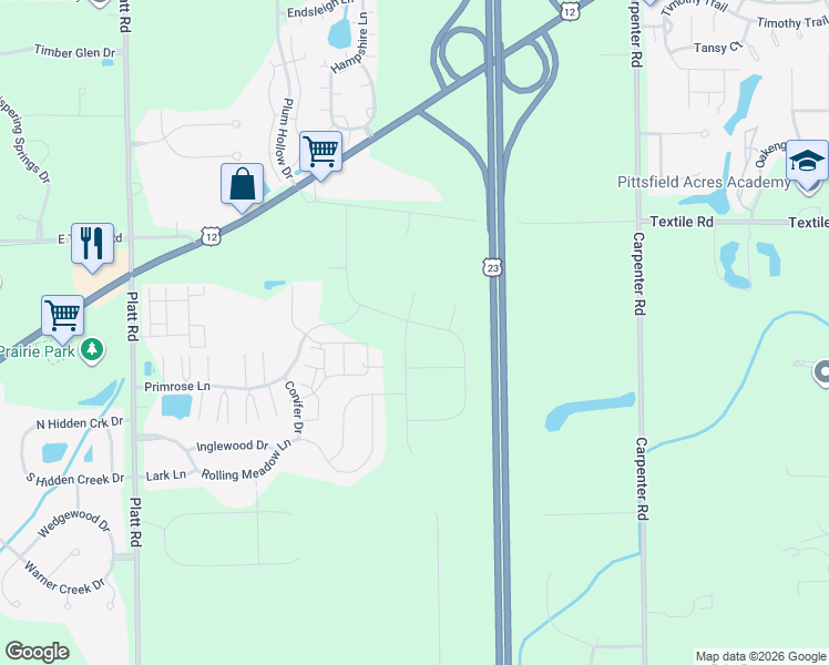 map of restaurants, bars, coffee shops, grocery stores, and more near 3488 Primrose Lane in Ypsilanti