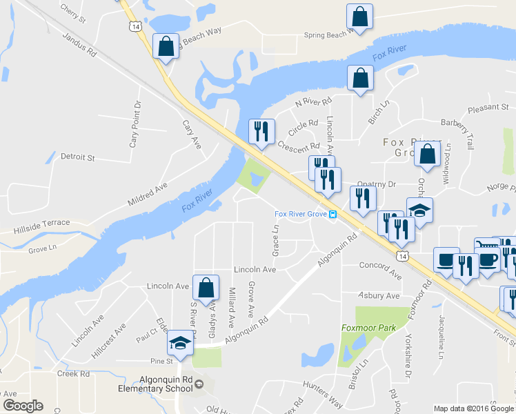 map of restaurants, bars, coffee shops, grocery stores, and more near 107 Beachway Drive in Fox River Grove