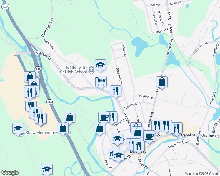 map of restaurants, bars, coffee shops, grocery stores, and more near 3 Orchard Street in Millbury