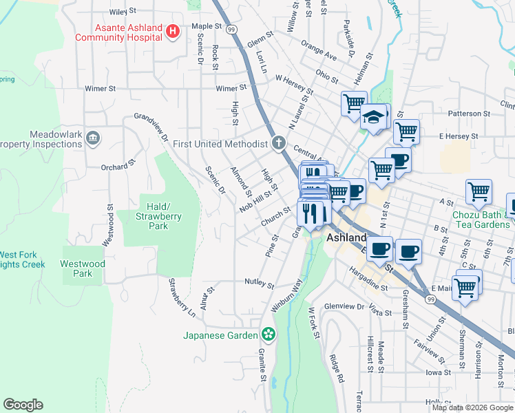 map of restaurants, bars, coffee shops, grocery stores, and more near 134 Nob Hill Street in Ashland