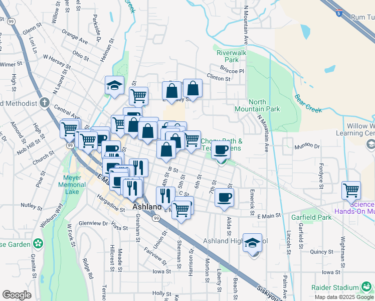 map of restaurants, bars, coffee shops, grocery stores, and more near 585 A Street in Ashland