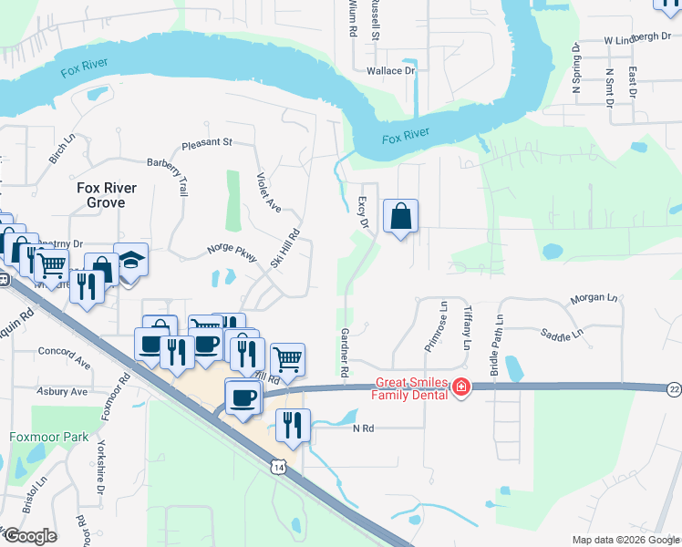 map of restaurants, bars, coffee shops, grocery stores, and more near 9019 Gardner Road in Fox River Grove