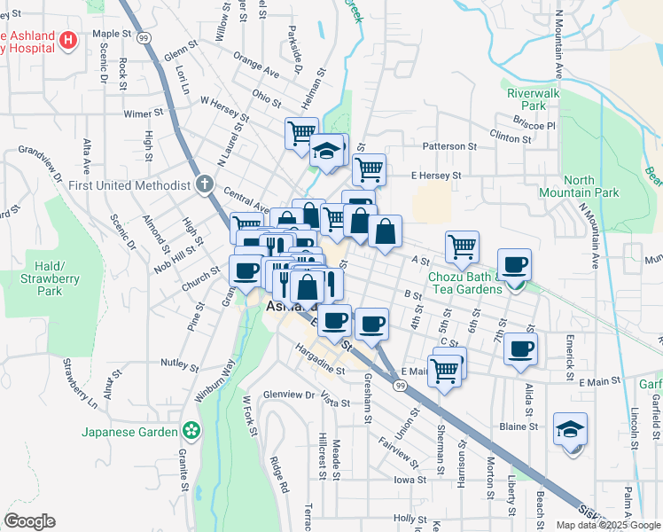 map of restaurants, bars, coffee shops, grocery stores, and more near 165 B Street in Ashland