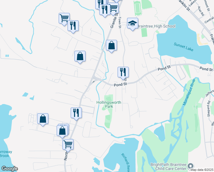 map of restaurants, bars, coffee shops, grocery stores, and more near 354 Pond Street in Braintree