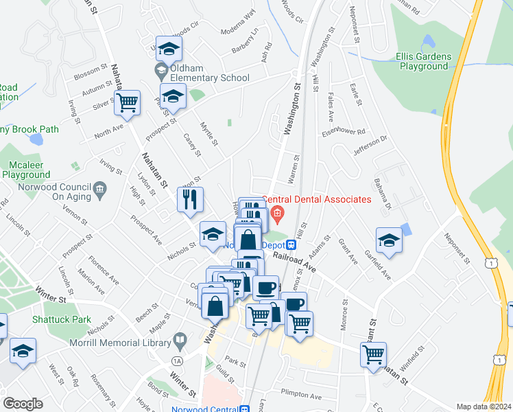 map of restaurants, bars, coffee shops, grocery stores, and more near 457 Washington Street in Norwood