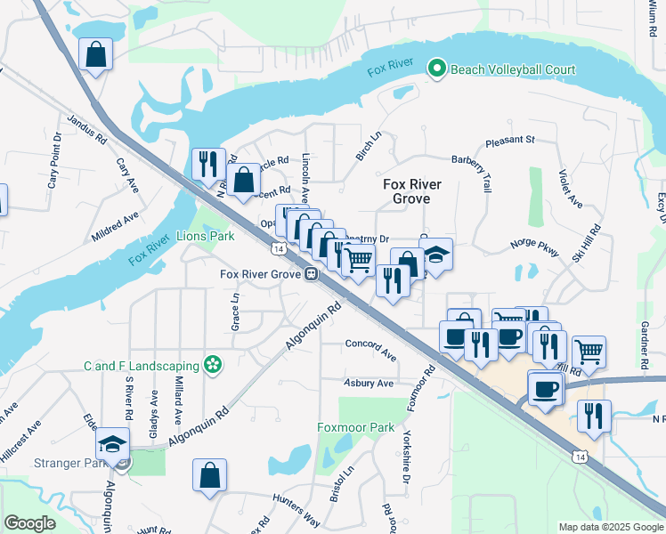 map of restaurants, bars, coffee shops, grocery stores, and more near 405 Lucille Avenue in Fox River Grove