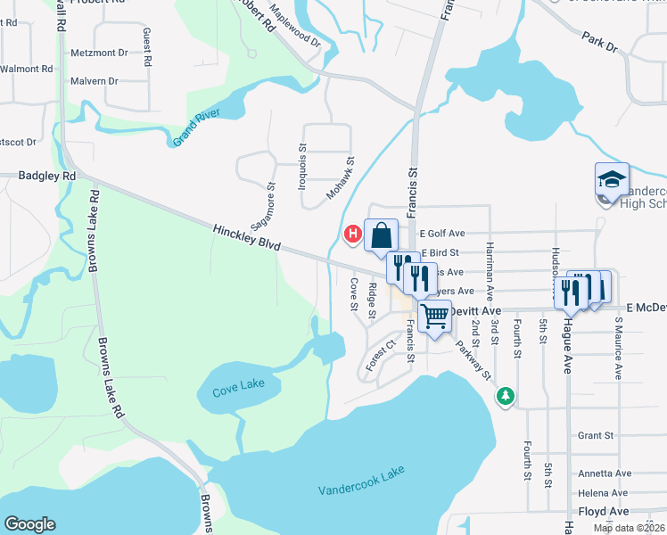 map of restaurants, bars, coffee shops, grocery stores, and more near 501 Hinckley Boulevard in Jackson