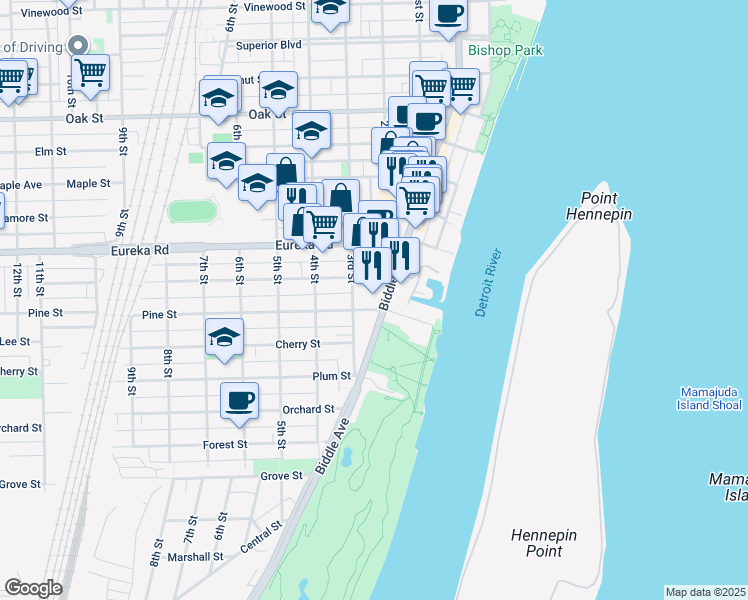 map of restaurants, bars, coffee shops, grocery stores, and more near 3460 Biddle Ave in Wyandotte