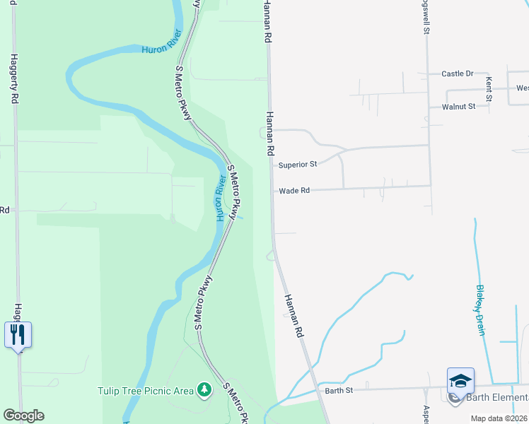 map of restaurants, bars, coffee shops, grocery stores, and more near 14354 Hannan Road in Romulus