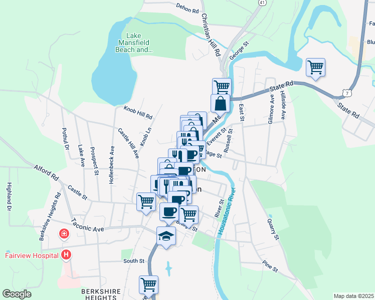 map of restaurants, bars, coffee shops, grocery stores, and more near 34 Rosseter Street in Great Barrington