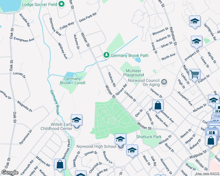 map of restaurants, bars, coffee shops, grocery stores, and more near 391 Winter Street in Norwood