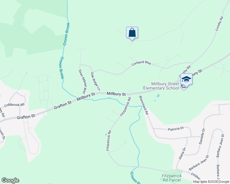 map of restaurants, bars, coffee shops, grocery stores, and more near 140 Millbury Street in Grafton