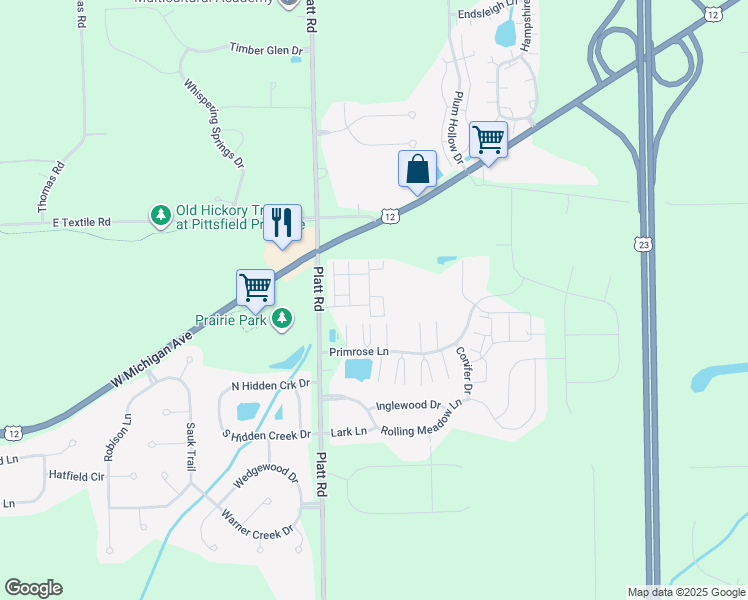map of restaurants, bars, coffee shops, grocery stores, and more near 6312 Harlequin Lane in Ypsilanti