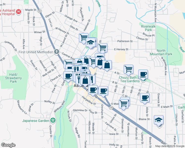 map of restaurants, bars, coffee shops, grocery stores, and more near 165 B Street in Ashland