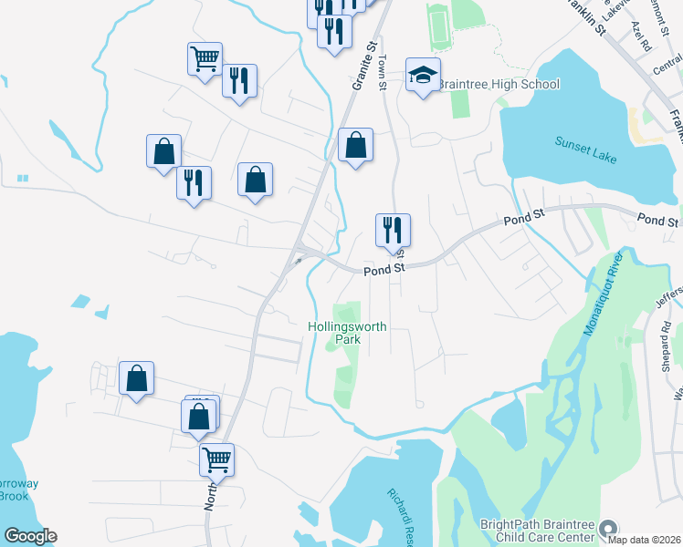 map of restaurants, bars, coffee shops, grocery stores, and more near 354 Pond Street in Braintree