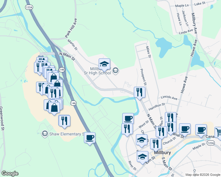 map of restaurants, bars, coffee shops, grocery stores, and more near 146 North Main Street in Millbury