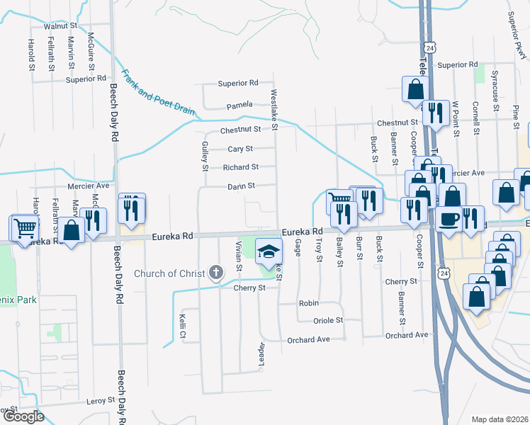map of restaurants, bars, coffee shops, grocery stores, and more near 25053 Riema Street in Taylor