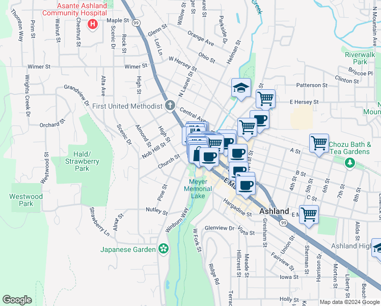 map of restaurants, bars, coffee shops, grocery stores, and more near 40 Church Street in Ashland