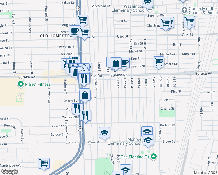 map of restaurants, bars, coffee shops, grocery stores, and more near 3397 21st Street in Wyandotte