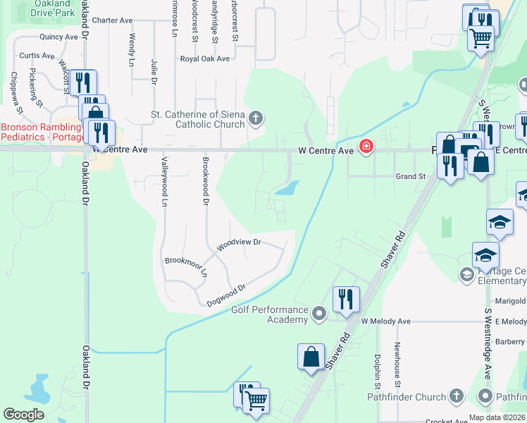 map of restaurants, bars, coffee shops, grocery stores, and more near 8150 Creekside Drive in Portage