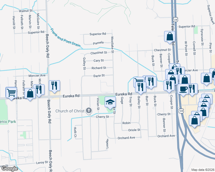 map of restaurants, bars, coffee shops, grocery stores, and more near 25053 Riema Street in Taylor