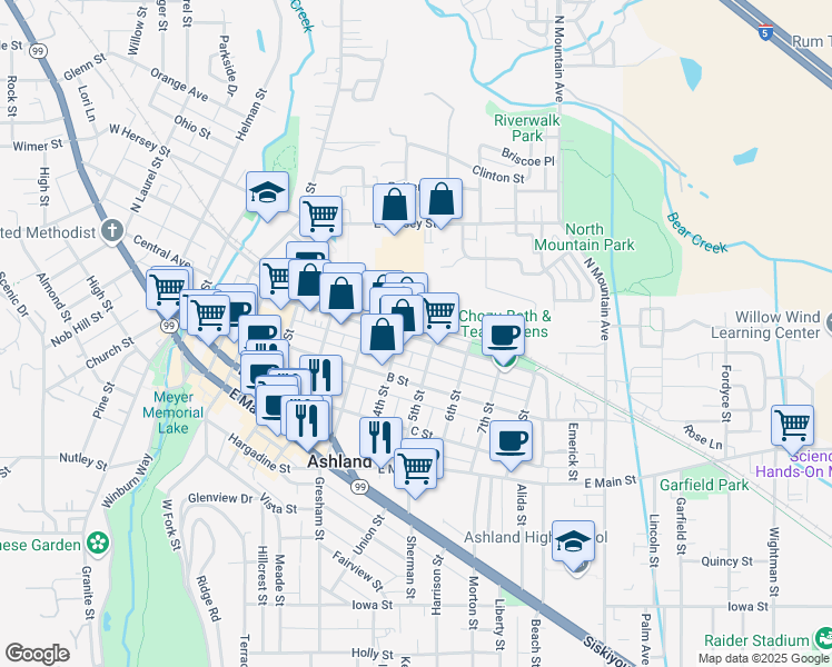 map of restaurants, bars, coffee shops, grocery stores, and more near 585 A Street in Ashland
