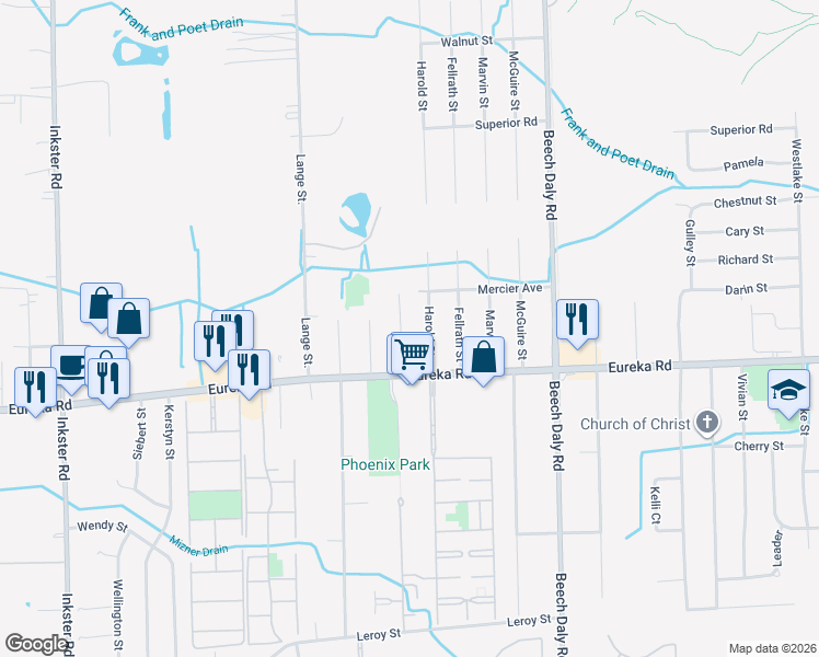 map of restaurants, bars, coffee shops, grocery stores, and more near 14709 Duncan Street in Taylor