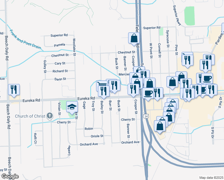 map of restaurants, bars, coffee shops, grocery stores, and more near 14801 Burr Street in Taylor