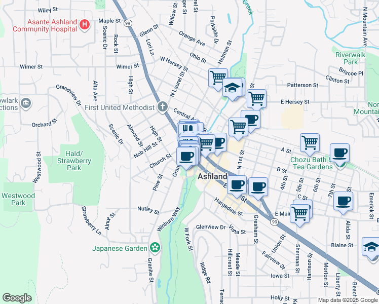 map of restaurants, bars, coffee shops, grocery stores, and more near 2 Granite Street in Ashland
