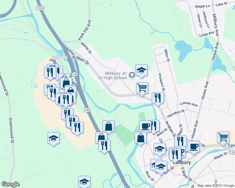 map of restaurants, bars, coffee shops, grocery stores, and more near 163 North Main Street in Millbury