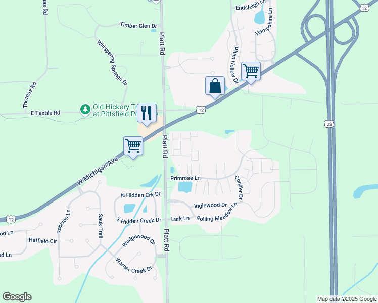 map of restaurants, bars, coffee shops, grocery stores, and more near 6312 Harlequin Lane in Ypsilanti