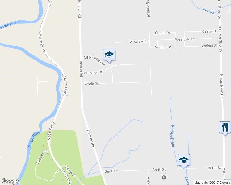 map of restaurants, bars, coffee shops, grocery stores, and more near 38965 Wade Road in Romulus