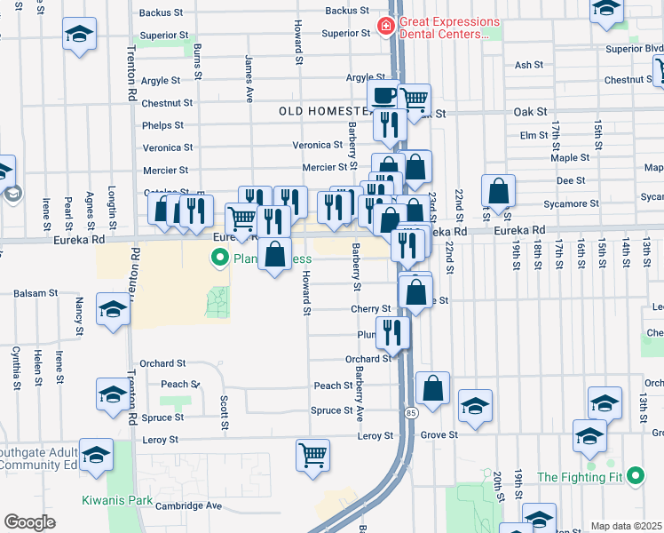map of restaurants, bars, coffee shops, grocery stores, and more near 13120 Balsam Street in Southgate