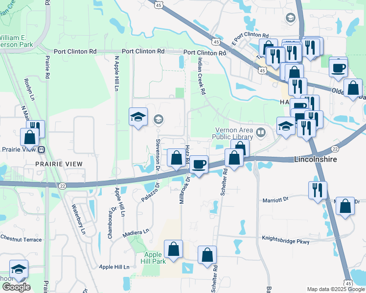 map of restaurants, bars, coffee shops, grocery stores, and more near 5 Middlesex Court in Lincolnshire