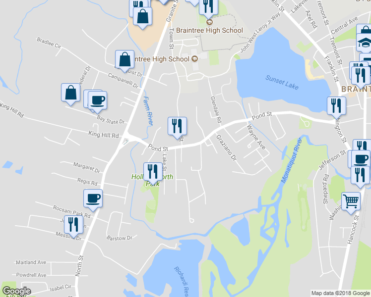 map of restaurants, bars, coffee shops, grocery stores, and more near 294 Pond Street in Braintree