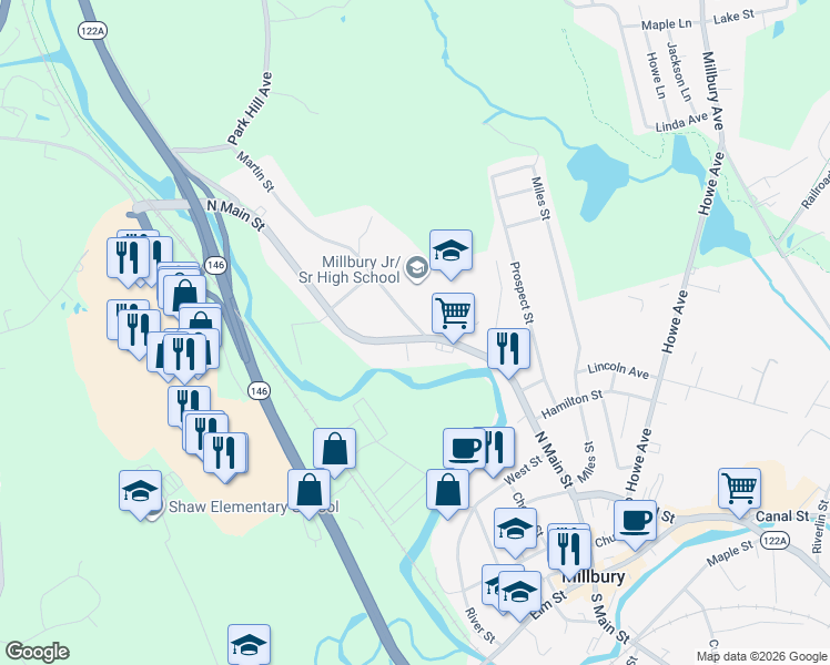 map of restaurants, bars, coffee shops, grocery stores, and more near 146 North Main Street in Millbury