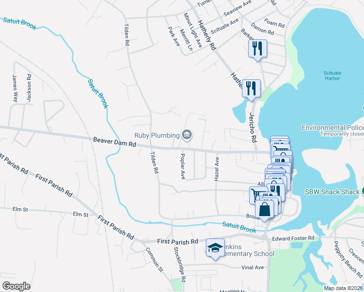 map of restaurants, bars, coffee shops, grocery stores, and more near 27 Poplar Avenue in Scituate