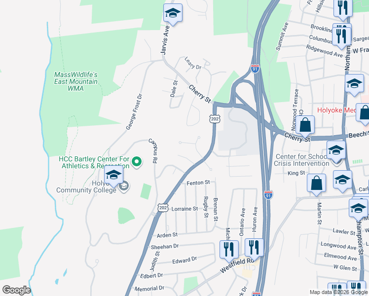 map of restaurants, bars, coffee shops, grocery stores, and more near 7 Philip Drive in Holyoke