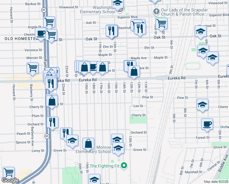 map of restaurants, bars, coffee shops, grocery stores, and more near 3415 15th Street in Wyandotte