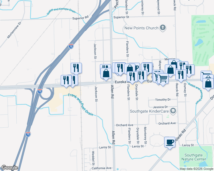 map of restaurants, bars, coffee shops, grocery stores, and more near 15100 Allen Road in Taylor